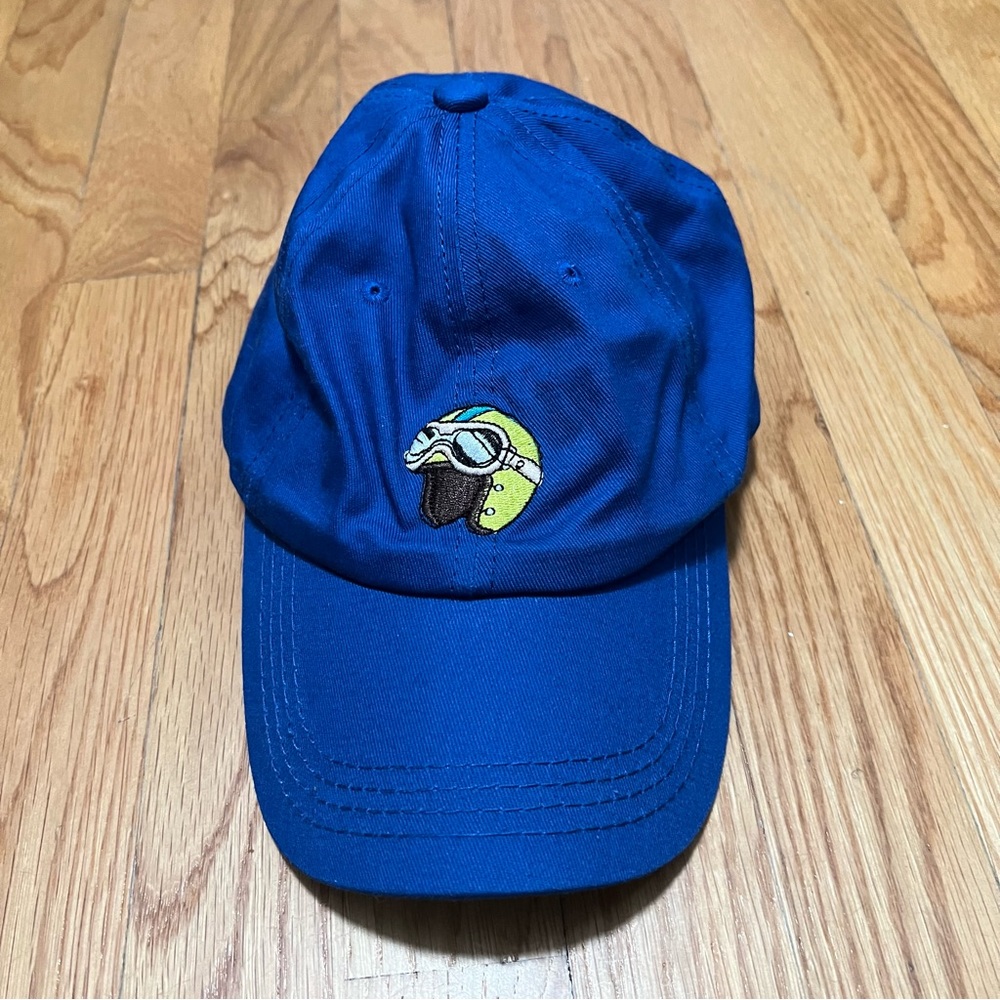 Blue hat with embroidered helmet print